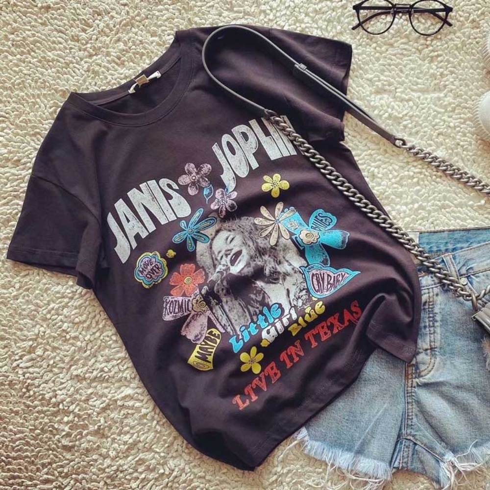 Boho Black Janis Joplin Floral Graphic Tee Rock - Picture 6 of 7